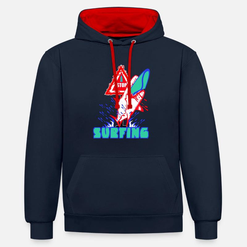 Arrêt - Surf - Sweat à capuche contrasté - bleu marine/rouge