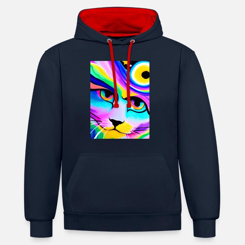 Cosmic Anime Cat Gros plan - Sweat à capuche contrasté - bleu marine/rouge