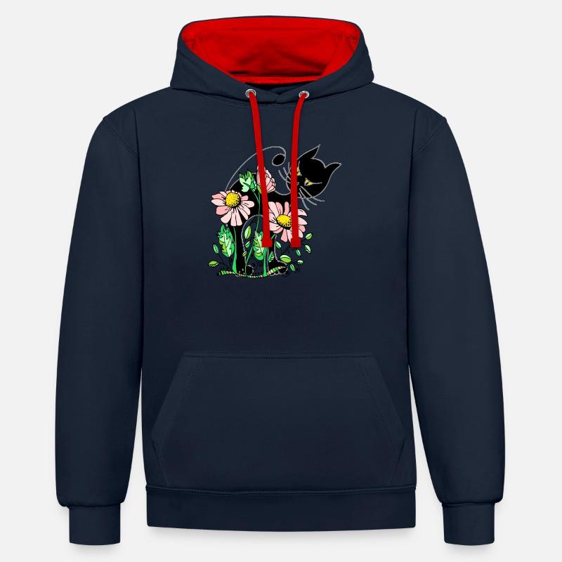 Chat - Sweat à capuche contrasté - bleu marine/rouge