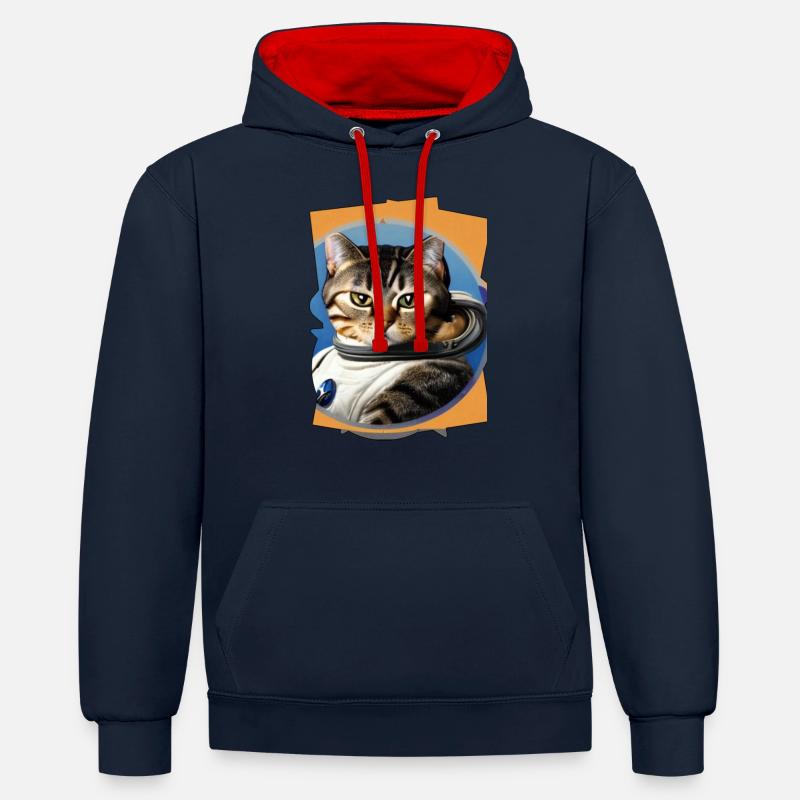 Chat de l’espace - Sweat à capuche contrasté - bleu marine/rouge