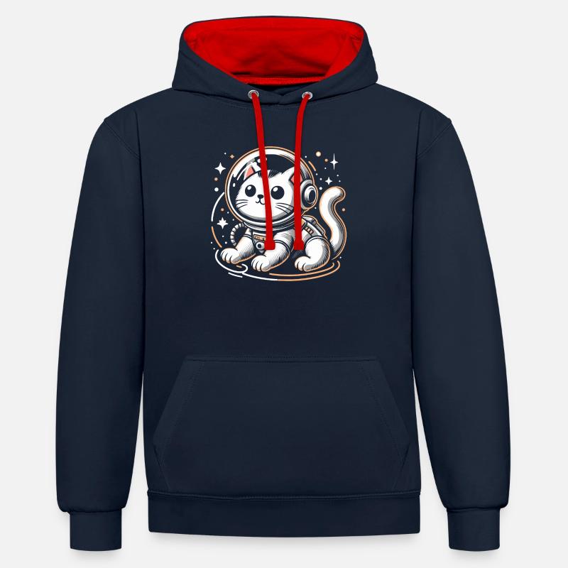 Chat astronaute - Sweat à capuche contrasté - bleu marine/rouge