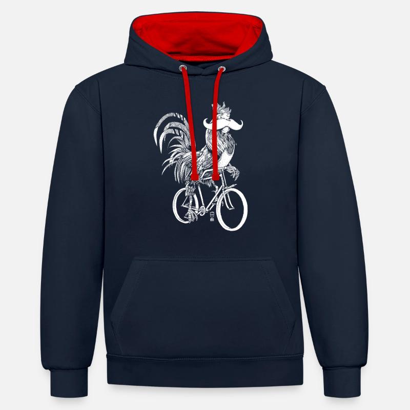 Coq & Bicycles - version blanche - Sweat à capuche contrasté - bleu marine/rouge