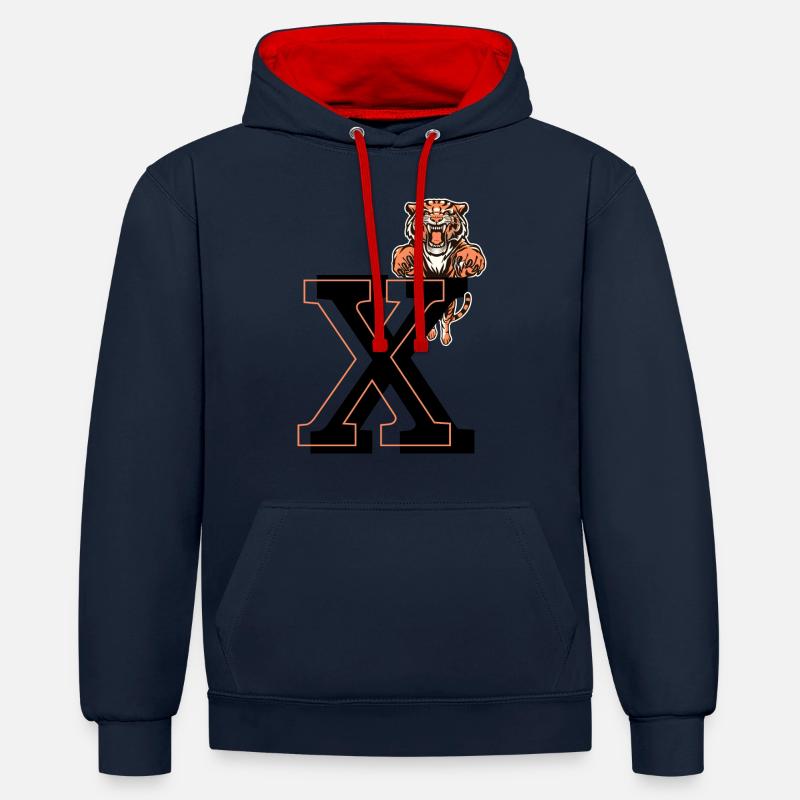 Lettre x tigre - idée cadeau - Sweat à capuche contrasté - bleu marine/rouge