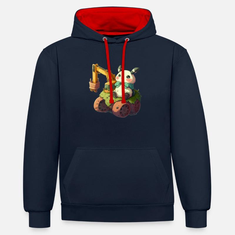 panda tractopelle - Sweat à capuche contrasté - bleu marine/rouge