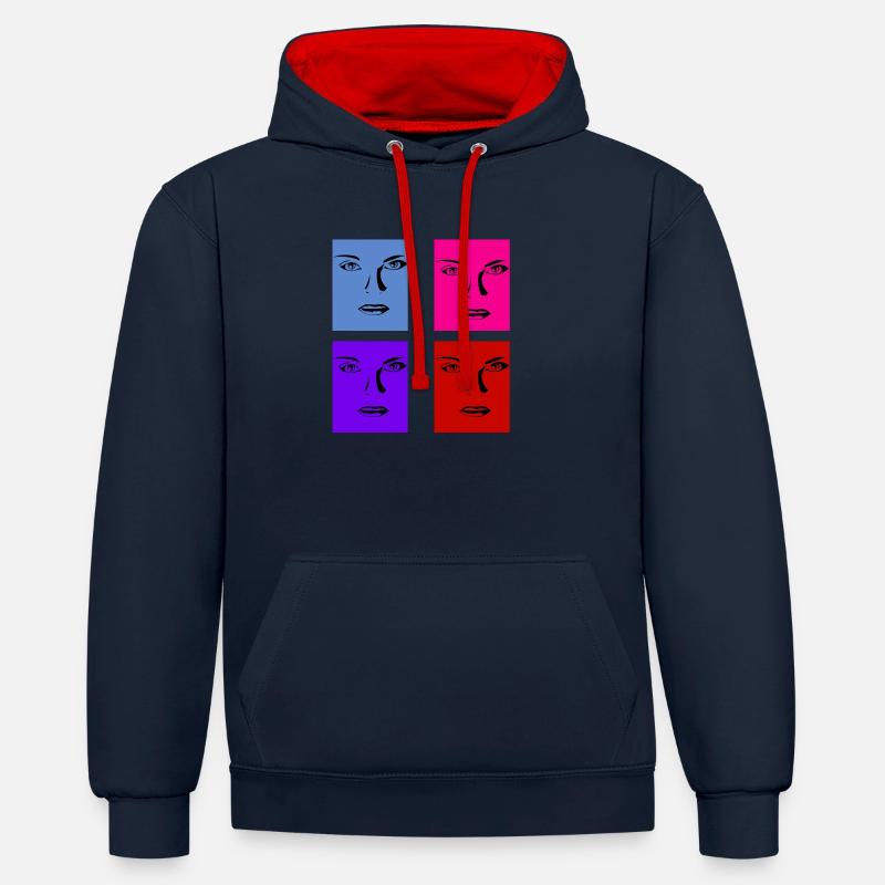 Lignes de visages rétro - Sweat à capuche contrasté - bleu marine/rouge