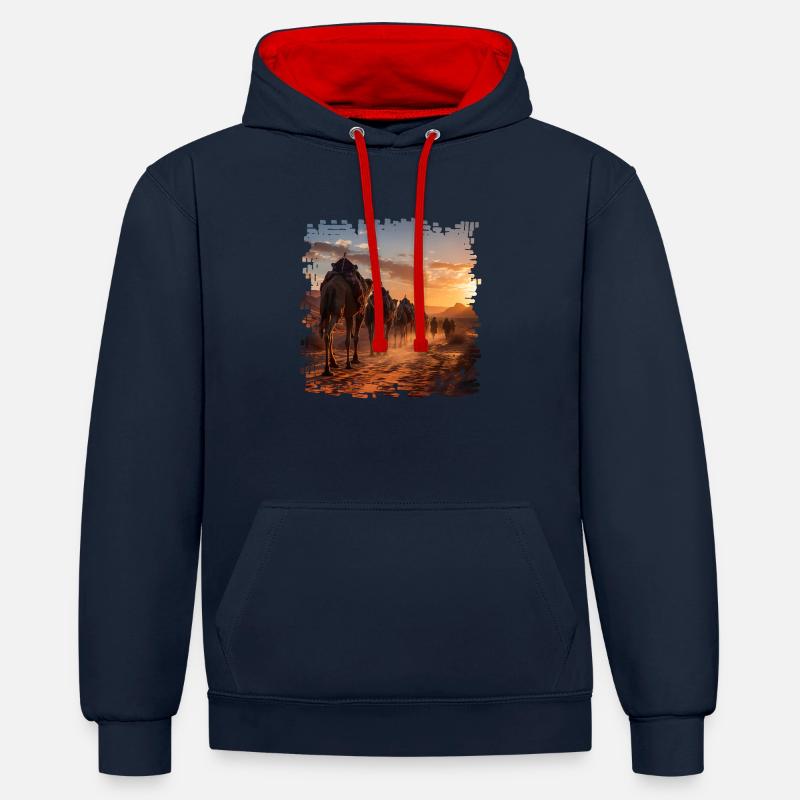 Eine Kamelkarawane in der Wüste - Kontrast-Hoodie - Navy/Rot