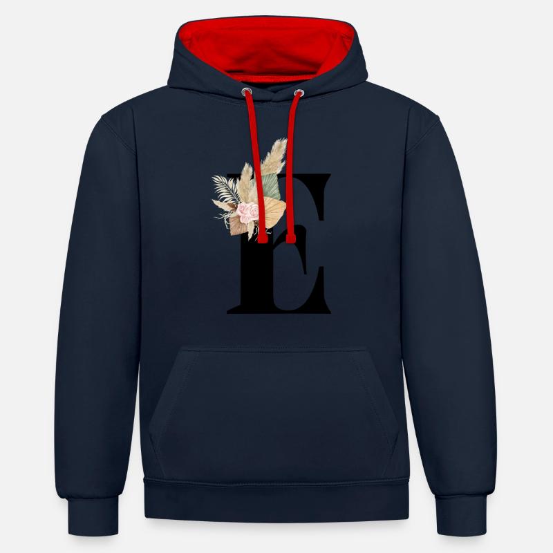 lettre E fleuris - Sweat à capuche contrasté - bleu marine/rouge