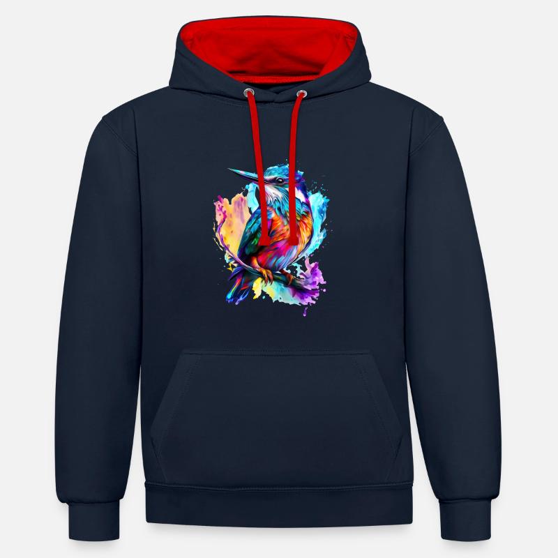 Bemalter Eisvogel - Kontrast-Hoodie - Navy/Rot