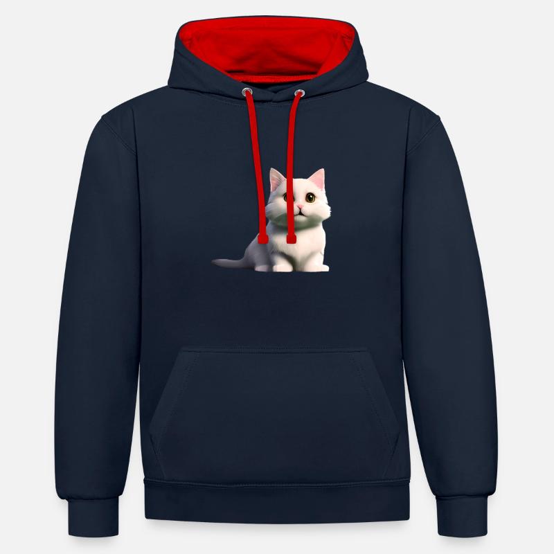Chat blanc - Sweat à capuche contrasté - bleu marine/rouge