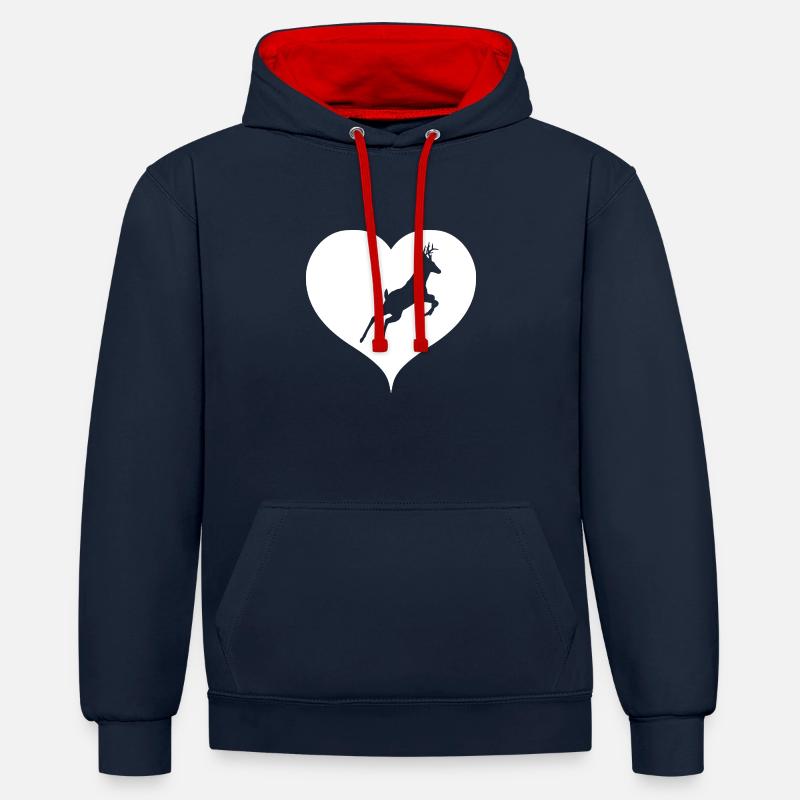 Cerf avec coeur - Sweat à capuche contrasté - bleu marine/rouge