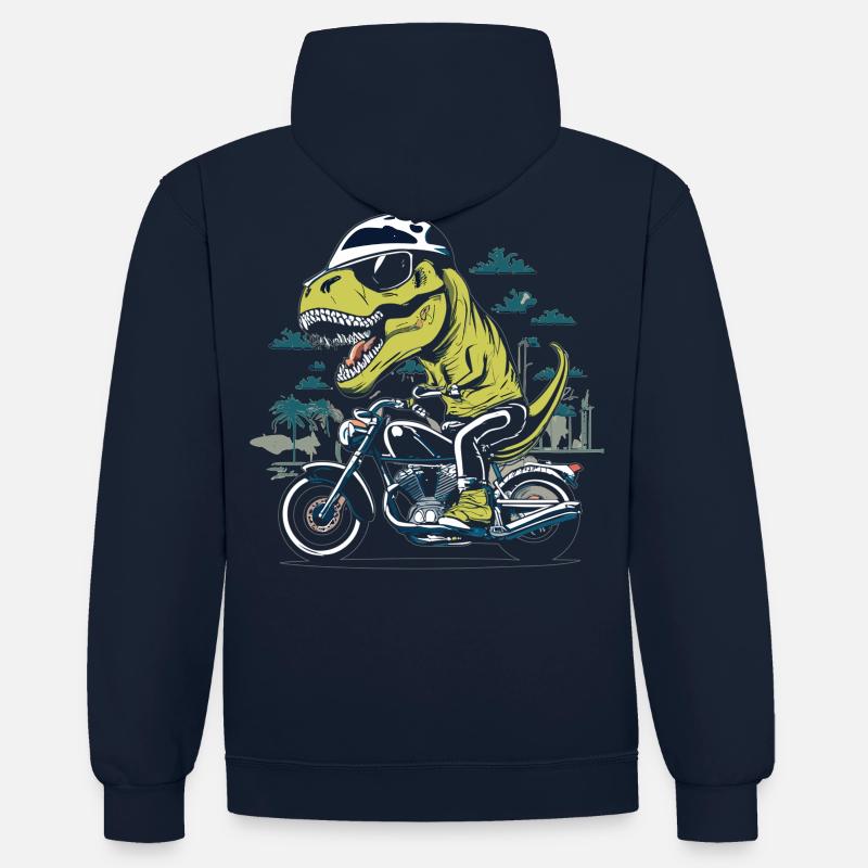 T-Rex Biker - Une balade primitive - Sweat à capuche contrasté - bleu marine/rouge