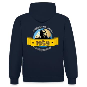 66. Anniversaire Secouant la foule depuis 04/1959 - Sweat à capuche contrasté - bleu marine/rouge - Dos - Anna (173cm)