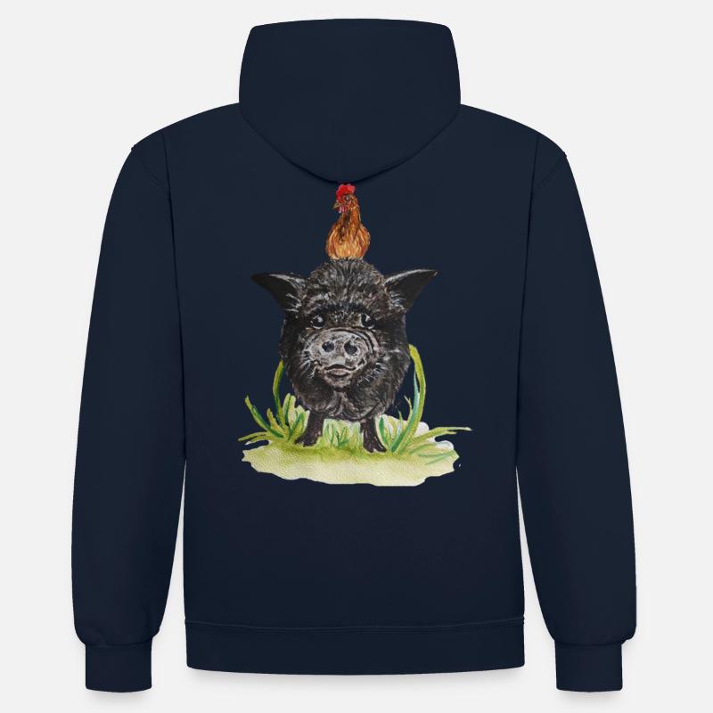 Cochon et poulet « Fido & Jacklin » - Sweat à capuche contrasté - bleu marine/rouge