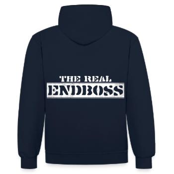 The Real Endboss, Gamer Sport Gaming, ESports, - Kontrast-Hoodie - Navy/Rot - Hinten - Anna (173cm)