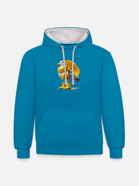 Seagull with yellow umbrella and boots - Contrast hoodie - peacock blue/heather grey