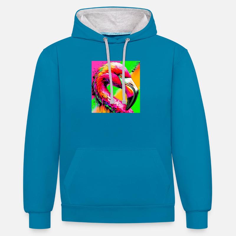 Flamant - Sweat à capuche contrasté - bleu paon/gris chiné