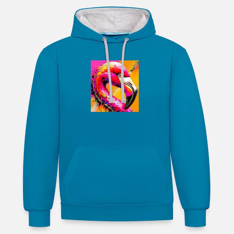 Flamant - Sweat à capuche contrasté - bleu paon/gris chiné