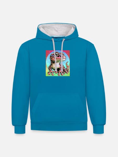 Gecko - Kontrast-Hoodie - Pfauenblau/Grau meliert