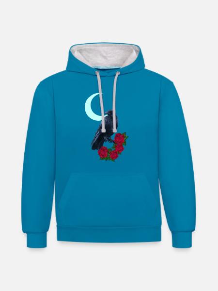 krähe, Rosenblüte, Mondsichel, goth, Vögel - Kontrast-Hoodie - Pfauenblau/Grau meliert