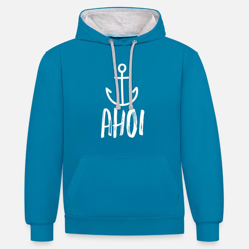 Ohé! ancre - Sweat à capuche contrasté - bleu paon/gris chiné