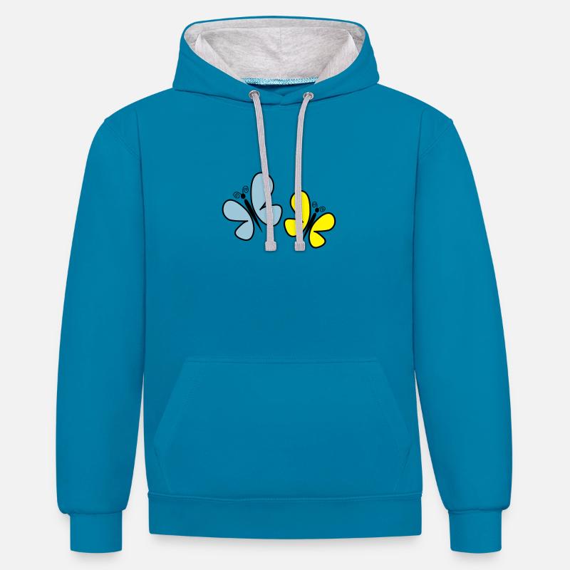 papillons 02 - Sweat à capuche contrasté - bleu paon/gris chiné