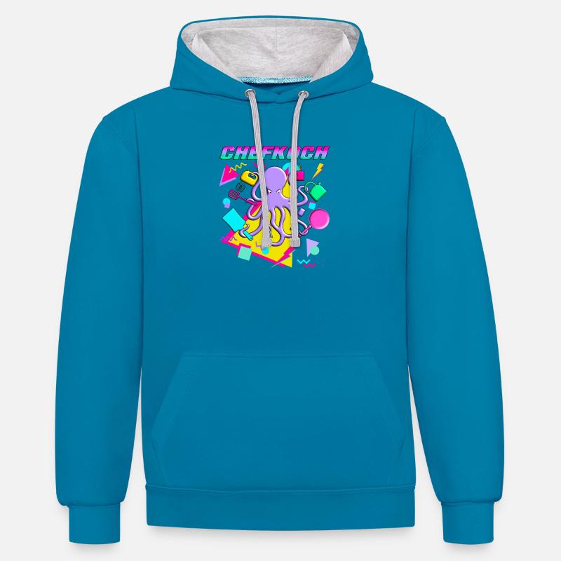 Octopus Chef - Sweat à capuche contrasté - bleu paon/gris chiné