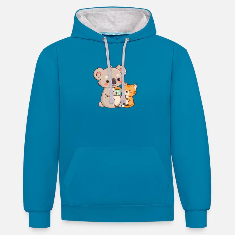Koala et chat café mignon - Sweat à capuche contrasté - bleu paon/gris chiné