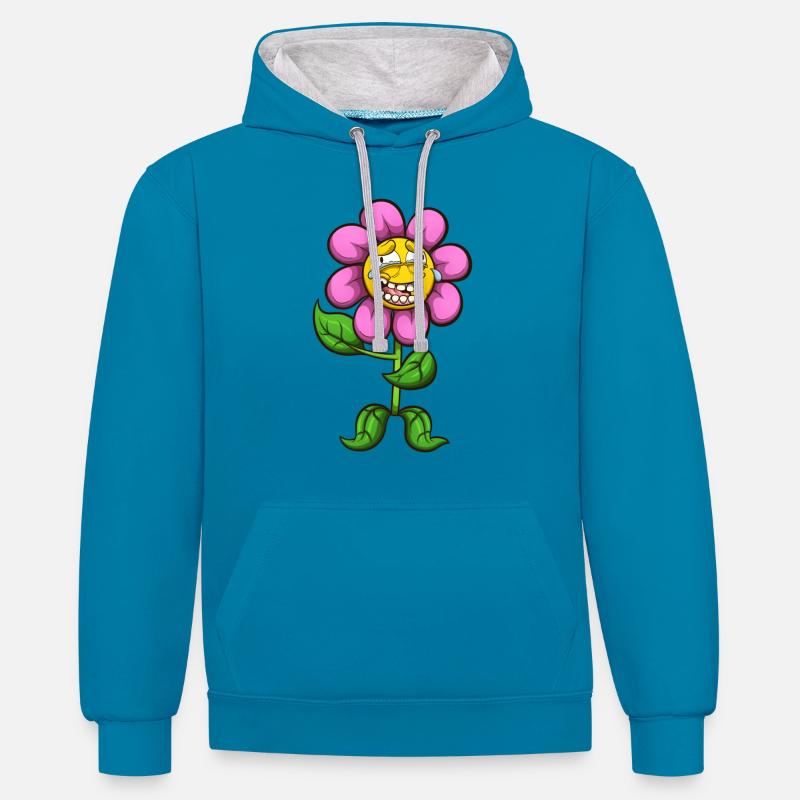 Fleur de dessin animé riante - Sweat à capuche contrasté - bleu paon/gris chiné