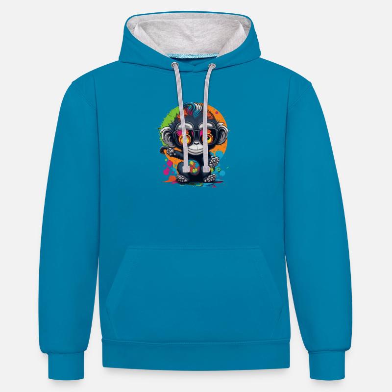 Neon Spectacled Monkey Splash - Monkey - Monkey - Contrast hoodie - peacock blue/heather grey