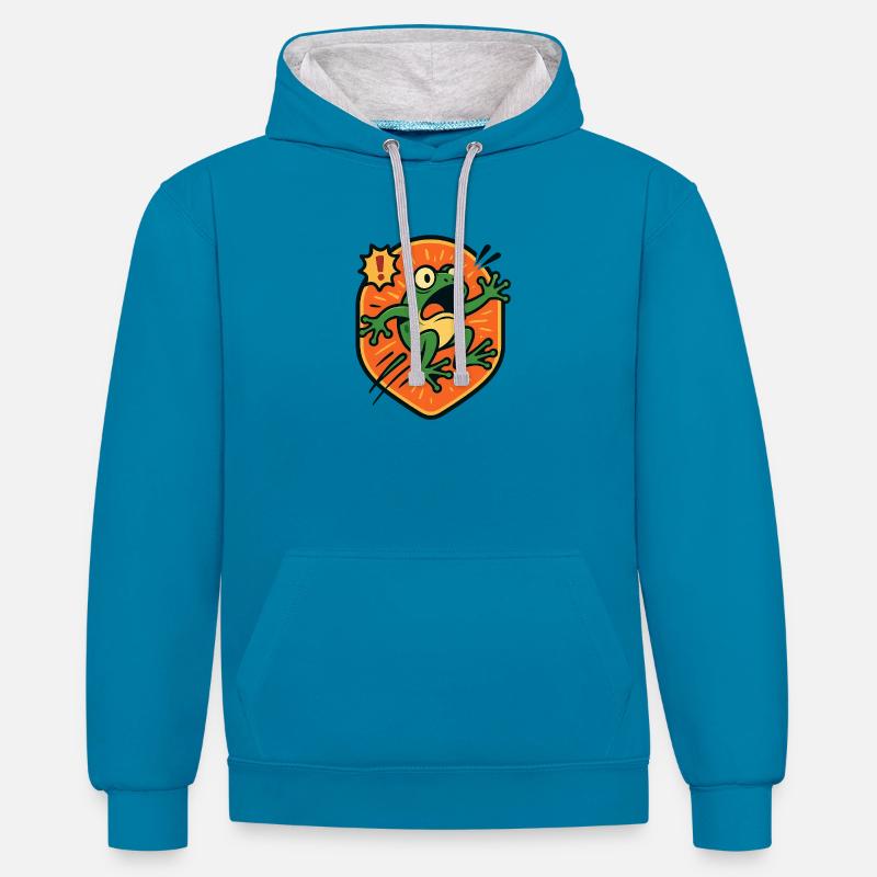 Panic Frog badge - Contrast hoodie - peacock blue/heather grey
