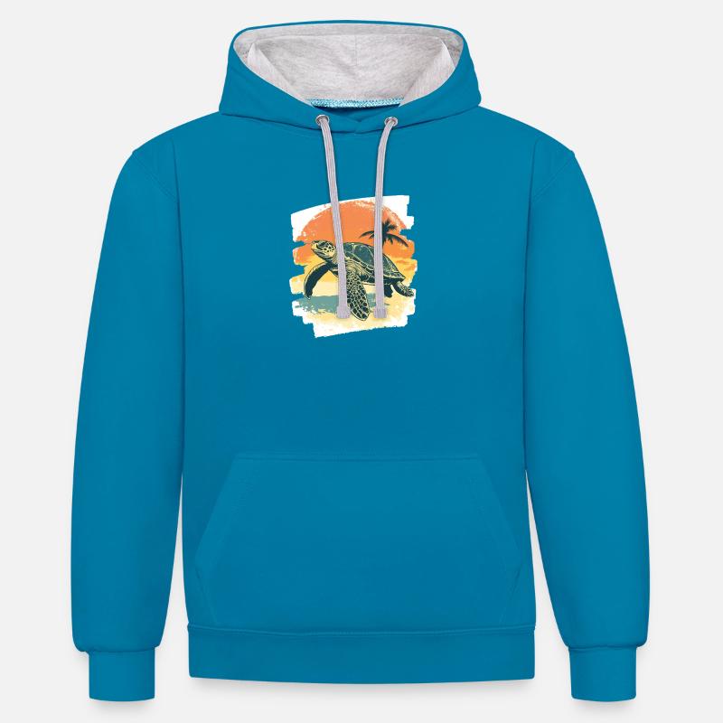 Tortue de mer rétro - Sweat à capuche contrasté - bleu paon/gris chiné