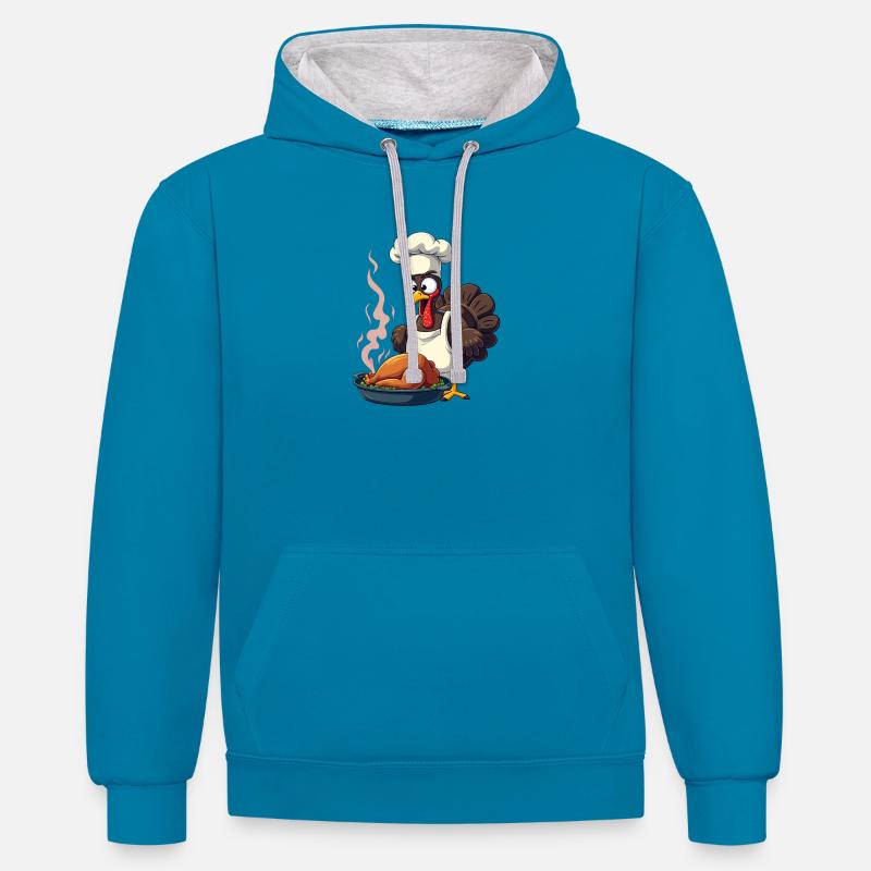 Cuisinier de dinde de Thanksgiving - Sweat à capuche contrasté - bleu paon/gris chiné
