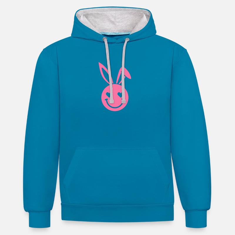 Yeux en forme de cœur de lapin rose - Sweat à capuche contrasté - bleu paon/gris chiné