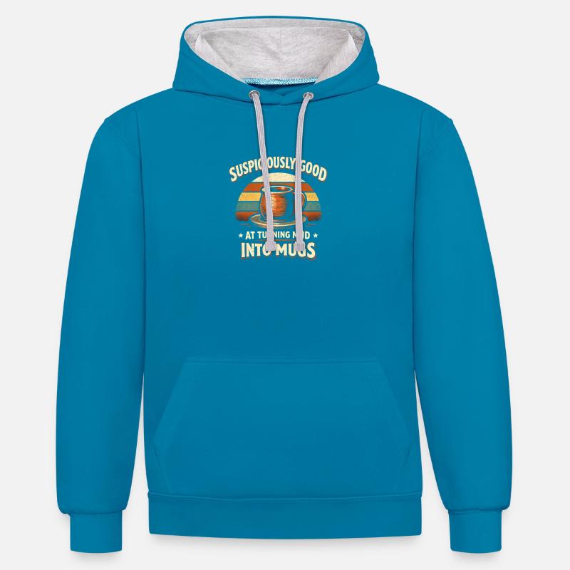 La boue devient coupe | Poterie - Sweat à capuche contrasté - bleu paon/gris chiné
