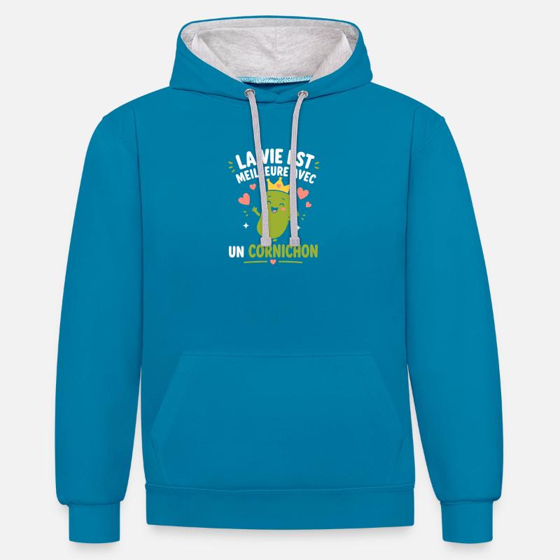Cornichon - Sweat à capuche contrasté - bleu paon/gris chiné