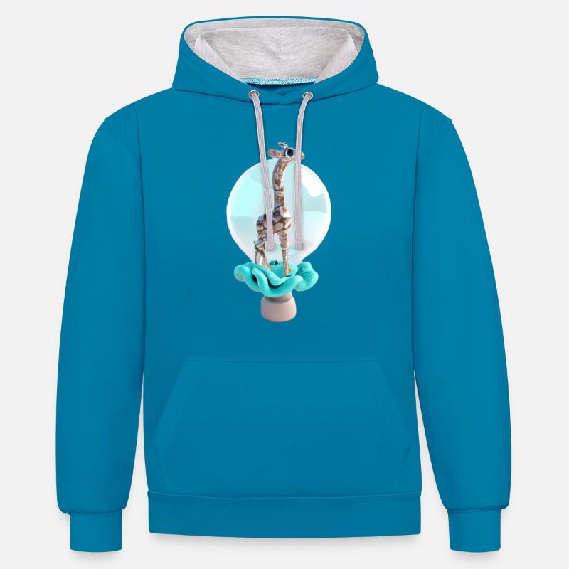 Design Girafe - Sweat à capuche contrasté - bleu paon/gris chiné