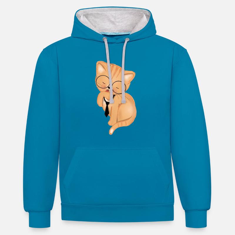 Chat de bureau avec cravate - Sweat à capuche contrasté - bleu paon/gris chiné