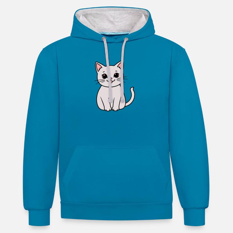chaton gris - Sweat à capuche contrasté - bleu paon/gris chiné
