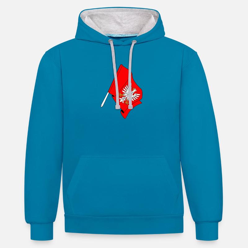 Drapeau : Mazovie, Pologne - Sweat à capuche contrasté - bleu paon/gris chiné