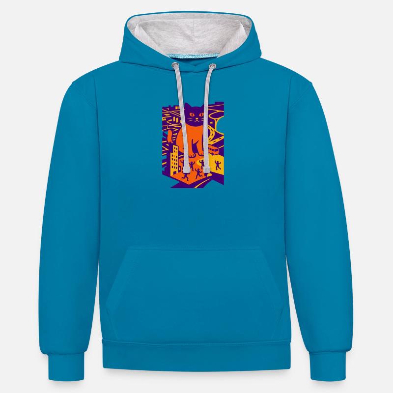 Chat géant dans la ville - Sweat à capuche contrasté - bleu paon/gris chiné
