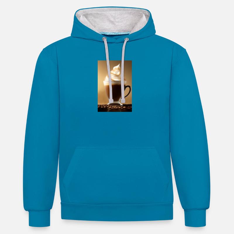 Café, granos de café - Sudadera con capucha contraste - azul pavo real/gris jaspeado