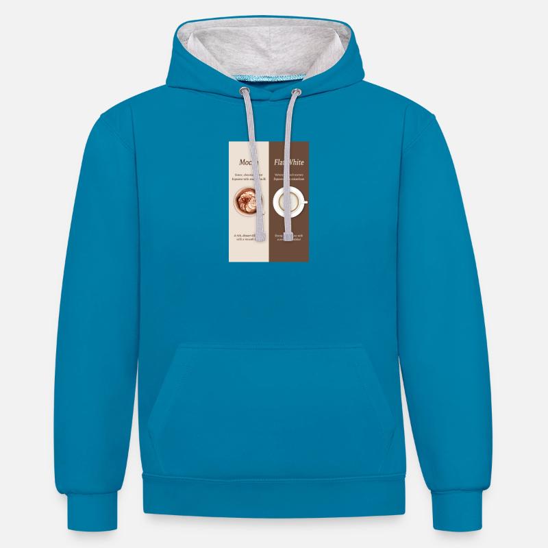 Affiche Moka vs café blanc plat - Sweat à capuche contrasté - bleu paon/gris chiné