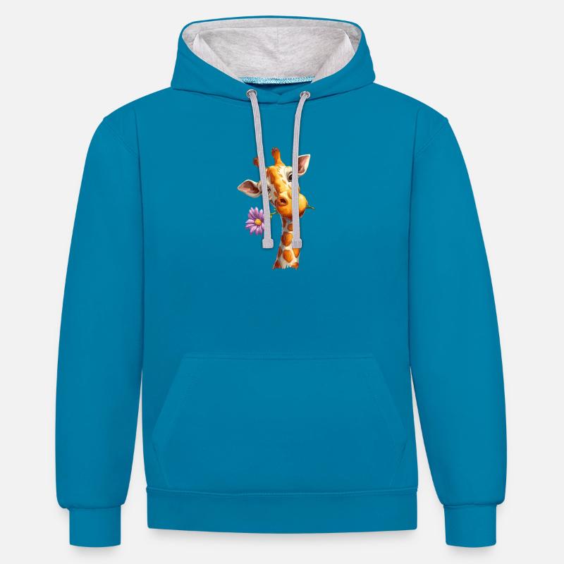 Girafe à fleur - Sweat à capuche contrasté - bleu paon/gris chiné