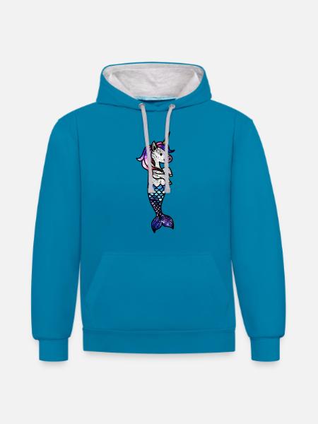 Kosmisches Meeres-Einhorn - Kontrast-Hoodie - Pfauenblau/Grau meliert