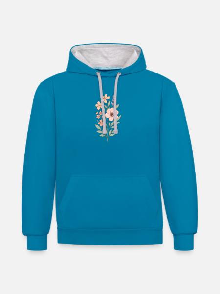 Pastellblumen Aquarellstrauß - Kontrast-Hoodie - Pfauenblau/Grau meliert