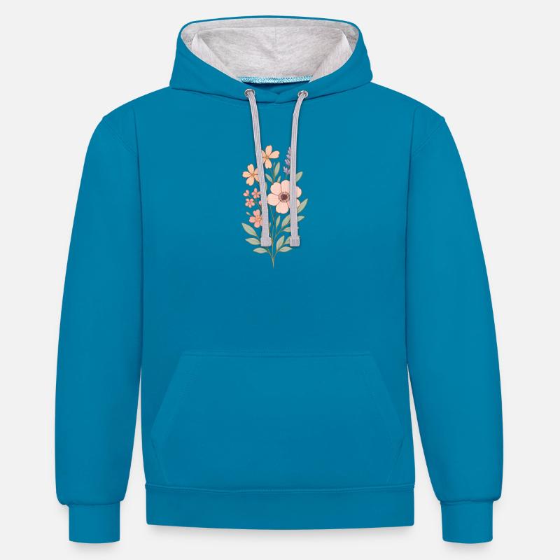 Bouquet aquarelle fleurs pastel - Sweat à capuche contrasté - bleu paon/gris chiné