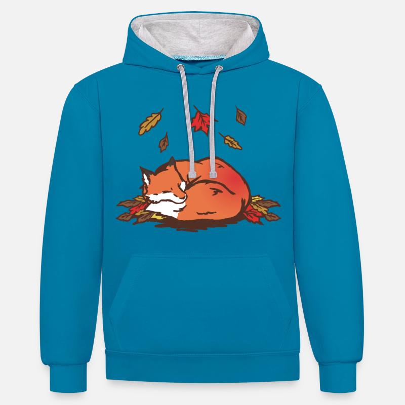Illustration de renard d’automne tranquille - Sweat à capuche contrasté - bleu paon/gris chiné
