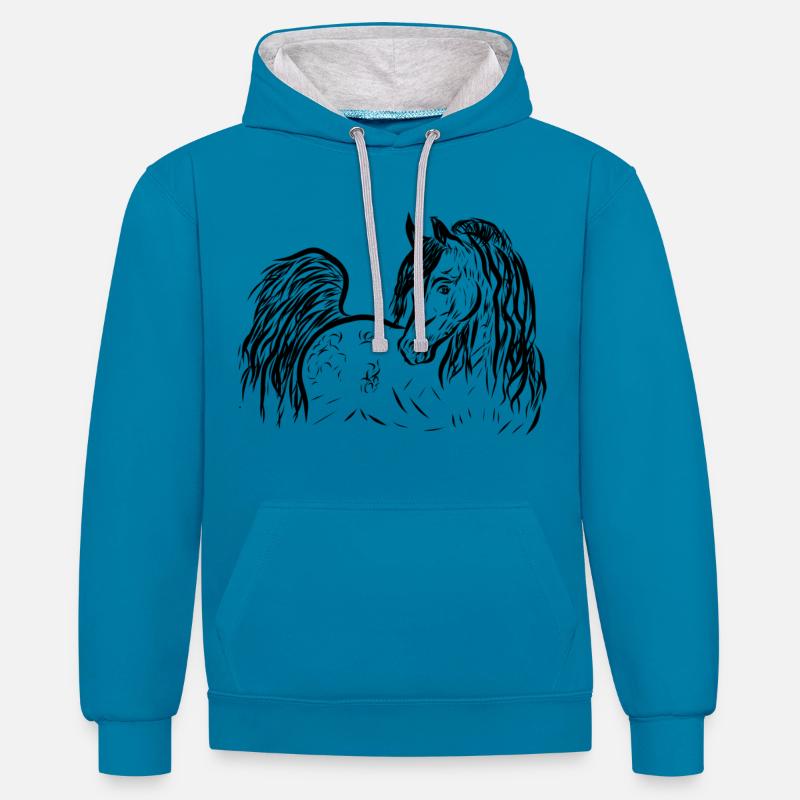 Cheval arabe - Sweat à capuche contrasté - bleu paon/gris chiné
