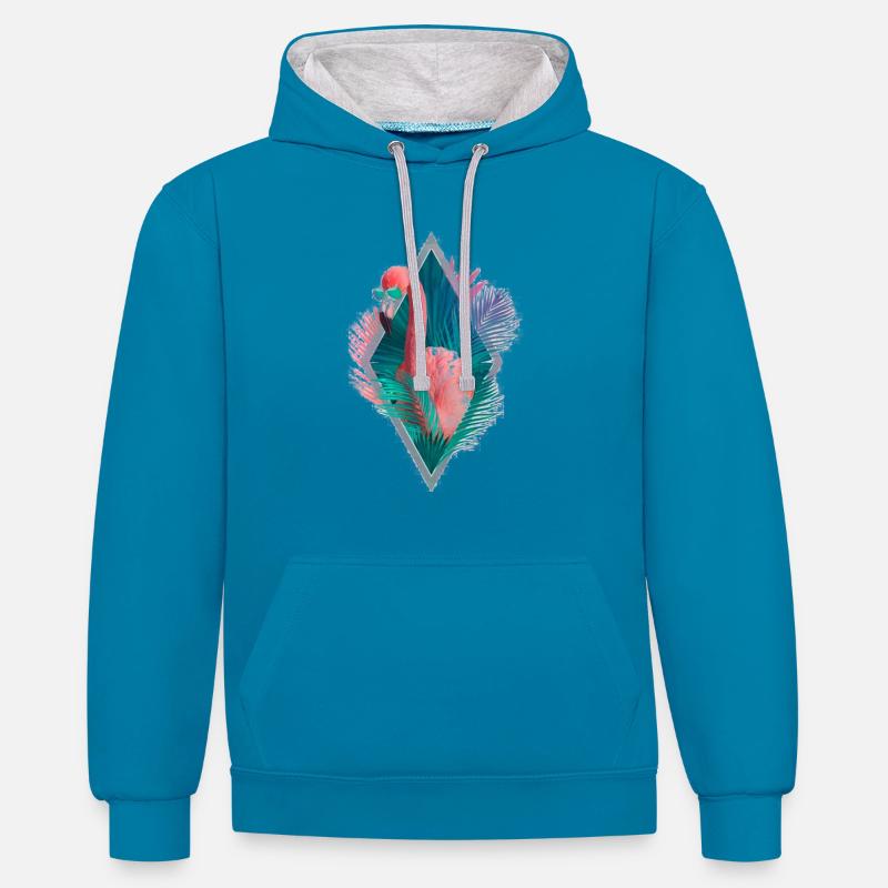 flamant rose - Sweat à capuche contrasté - bleu paon/gris chiné