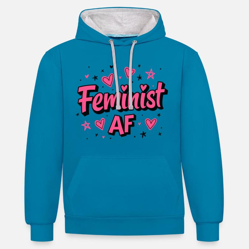 Féministe AF Déclaration Dicton - Sweat à capuche contrasté - bleu paon/gris chiné